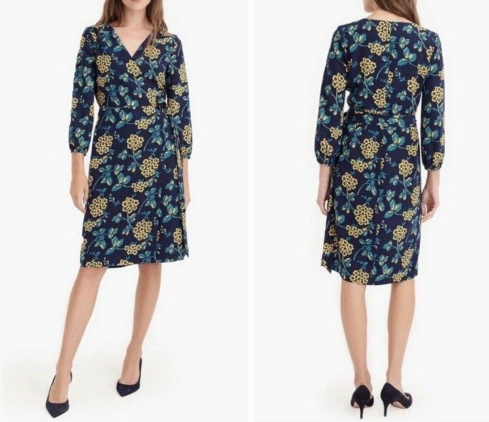 J, Crew Floral Print Wrap Dress V-Neckline 3/4 Sleeves
